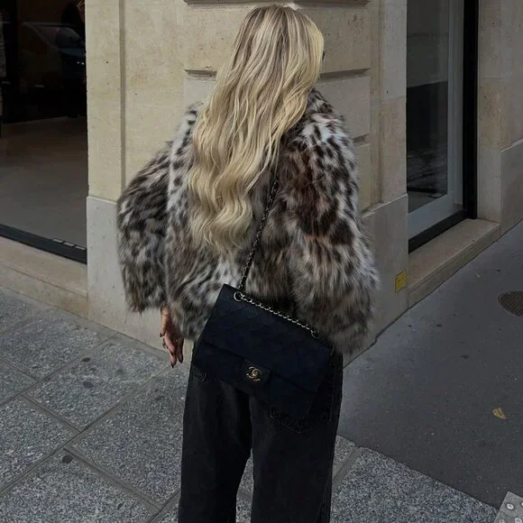 Women's Faux Fur animal print Long Sleeve Warm Coat - Picture 6 of 9